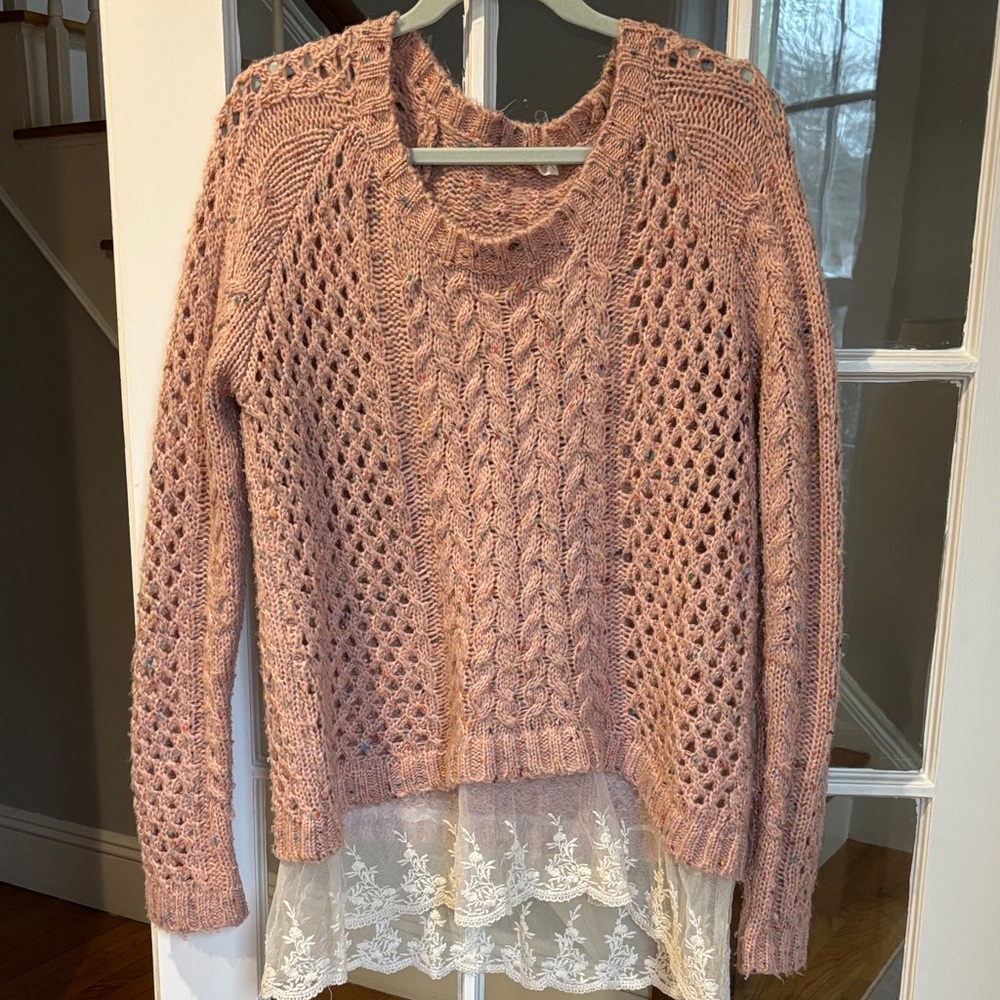 POL Pink Cable-knit Lace Hem Sweater Size Large
